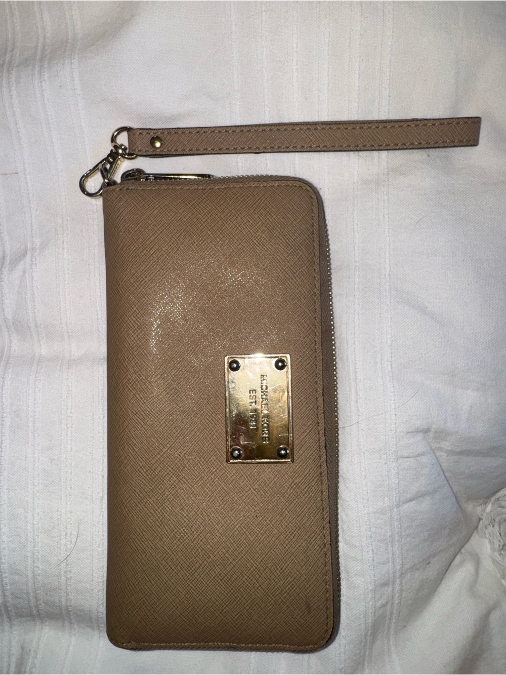 Michael Kors Taupe Zip-Around Wristlet Wallet with Gold Plate